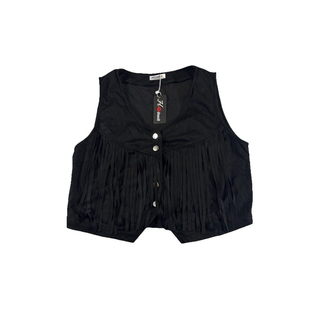 Hot Touch Black Fringe Boho Vest Snap Front Medium Western Festival New